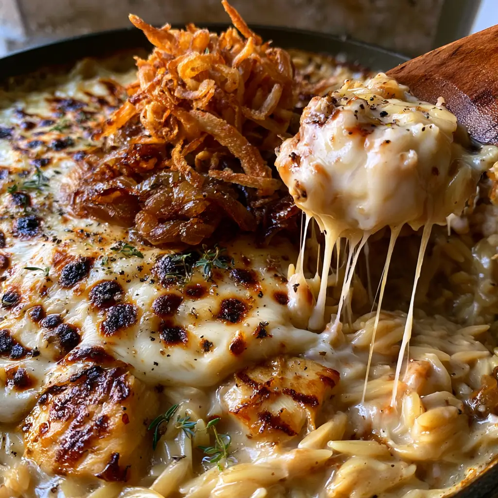 Extreme close-up of seared chicken chunks and al dente orzo in a pale-brown velvet cream sauce. (French Onion Chicken Orzo Casserole)