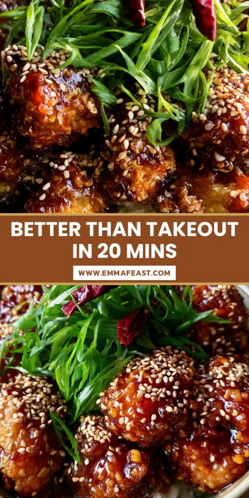A ceramic bowl of extra-crispy General Tso's chicken with glossy amber sauce, toasted sesame seeds, and green scallions over jasmine rice.
