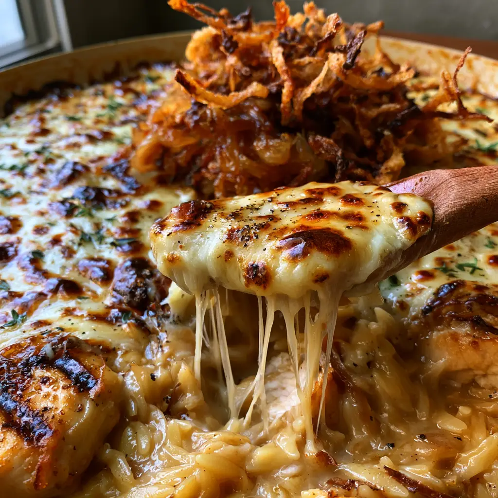 A wooden spoon lifting a scoop of French Onion Chicken Orzo Casserole showing a long gooey cheese pull.