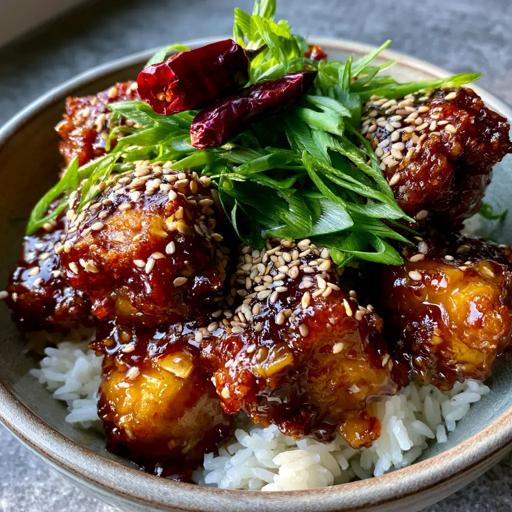 Golden brown air-fried chicken chunks being tossed in a thick dark amber General Tso's sauce.