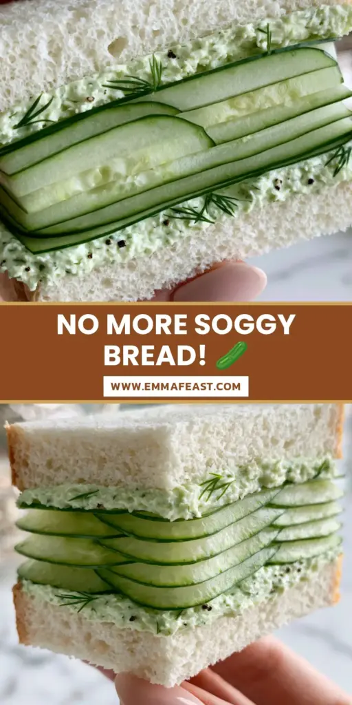 A close-up of a perfectly stacked cucumber sandwiches recipe held by a hand, showing shingled cucumbers and herbed cream cheese.