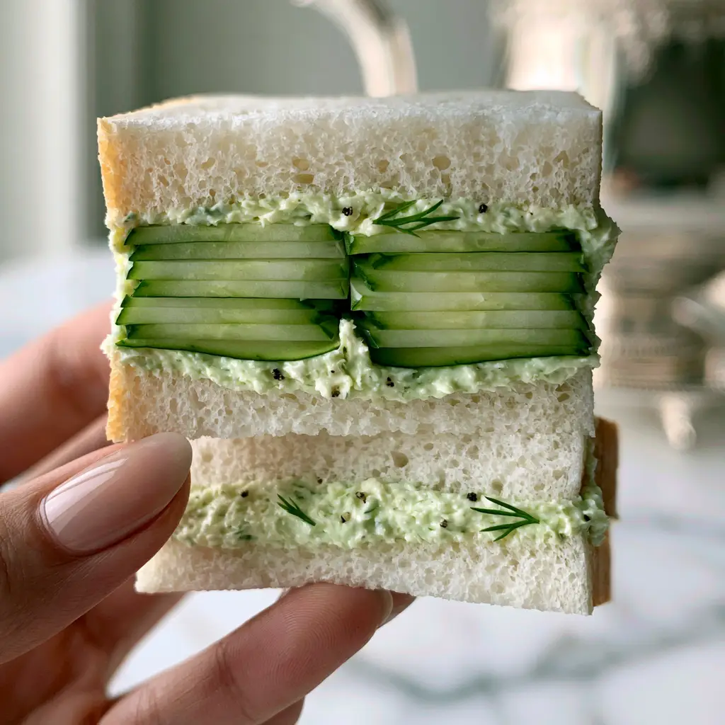 Close-up of paper-thin English cucumber slices inside a crustless tea sandwich. (cucumber sandwiches recipe)