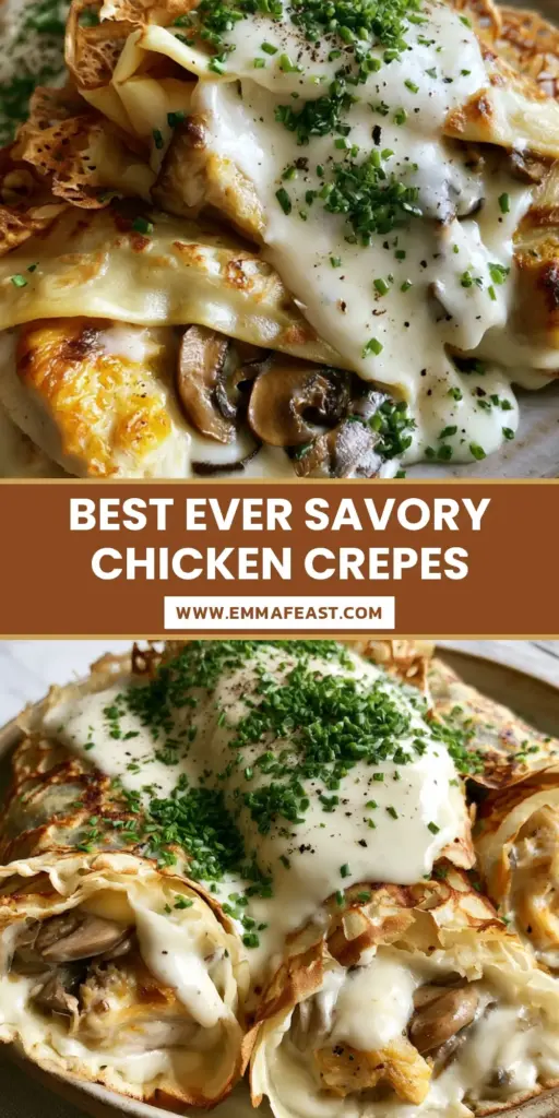 A close-up vertical shot of three folded Crêpes au Poulet topped with glossy bechamel and fresh chives. (Crêpes au Poulet recipe)