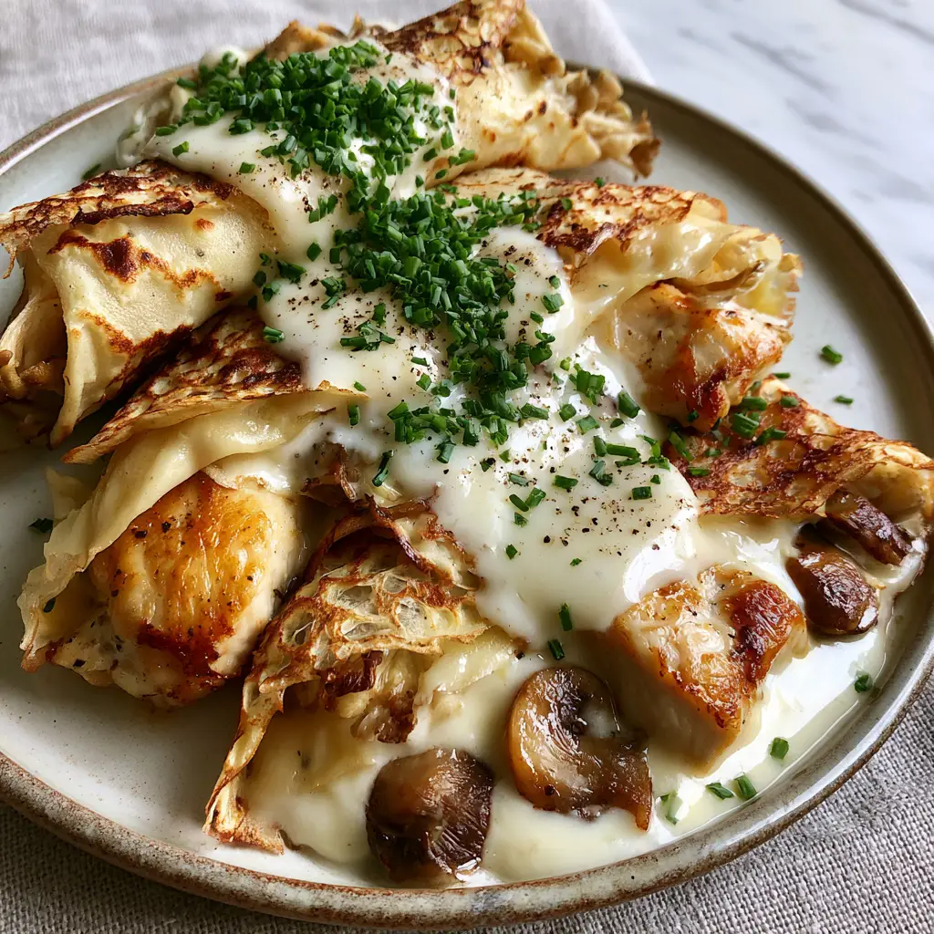 Close up of glossy white Bechamel sauce drizzled over savory chicken crepes with fresh chives.
