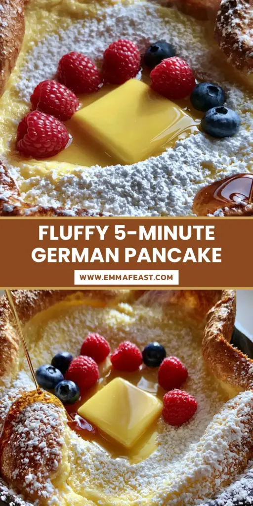 A towering German pancake recipe served in a black cast iron skillet with powdered sugar and fresh berries.