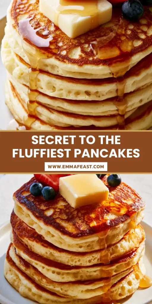 A towering stack of five thick pancakes topped with melting salted butter and fresh strawberries. (how to make pancakes)