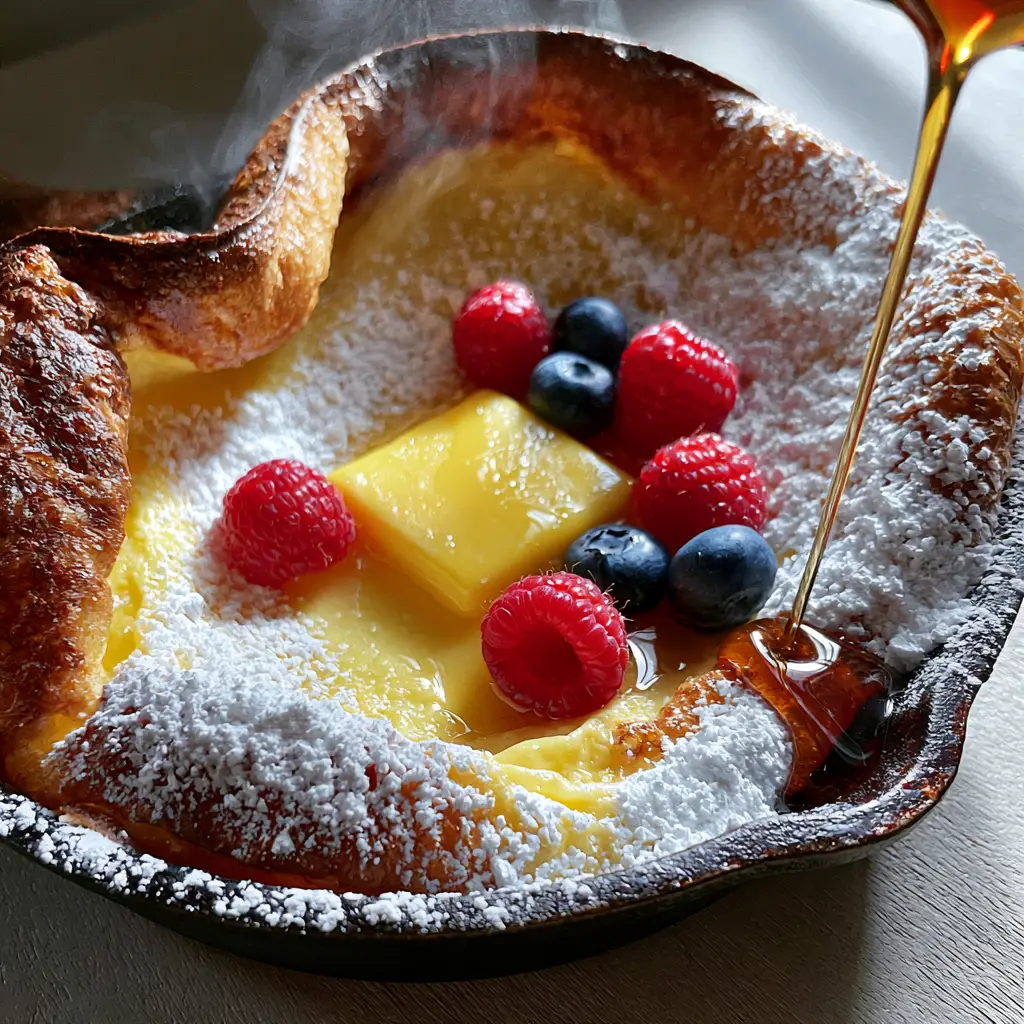 A high-angle photo of a Dutch Baby pancake with 5 raspberries, 3 blueberries, and a maple syrup drizzle.