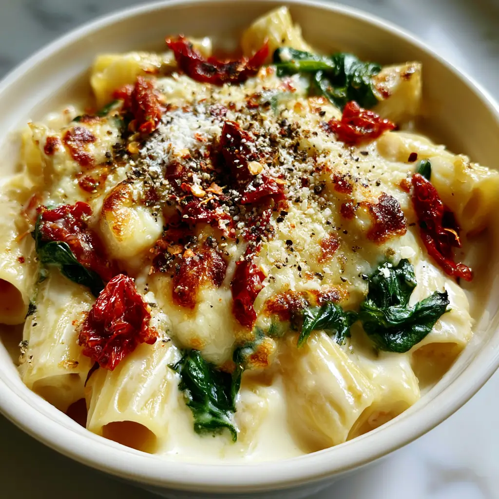 Close-up of melted mozzarella with golden-brown toasted spots over rigatoni. (quick recipes)