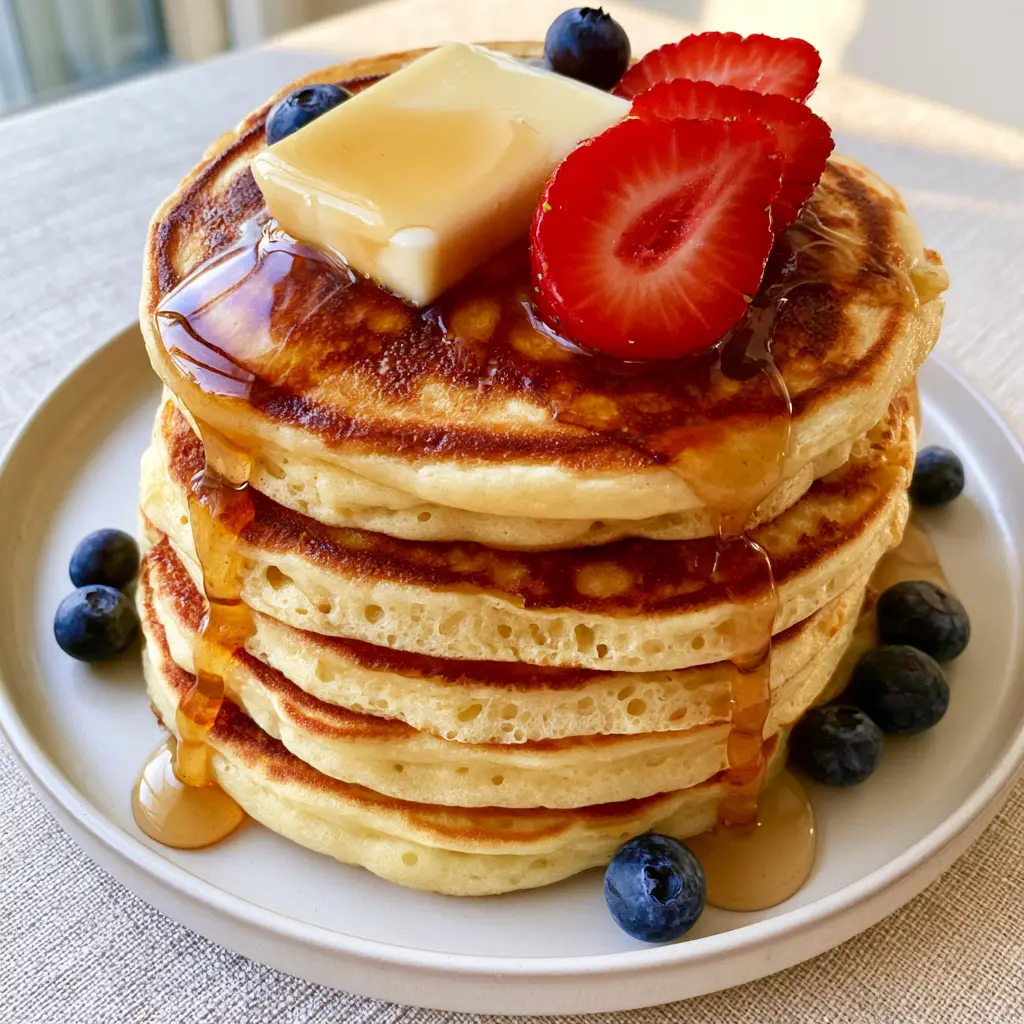 Top down view of pancakes with halved strawberries and whole blueberries on a white plate. (how to make pancakes)