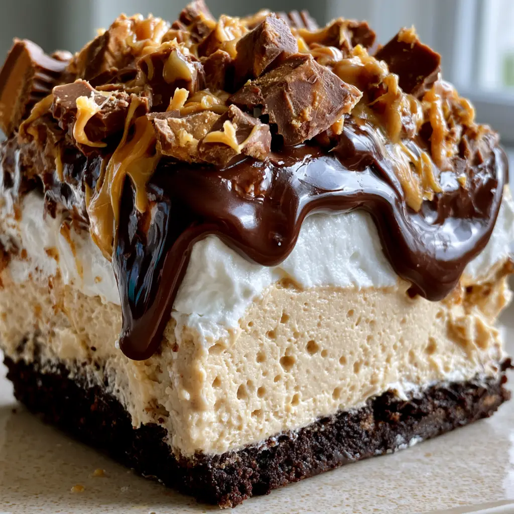 Close up of glossy dark chocolate ganache dripping over the edge of the no-bake peanut butter lasagna layers.