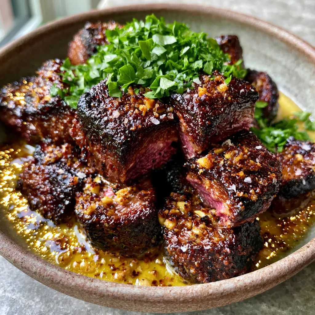 Rustic bowl filled with medium-rare garlic butter brazilian steak cubes topped with parsley.