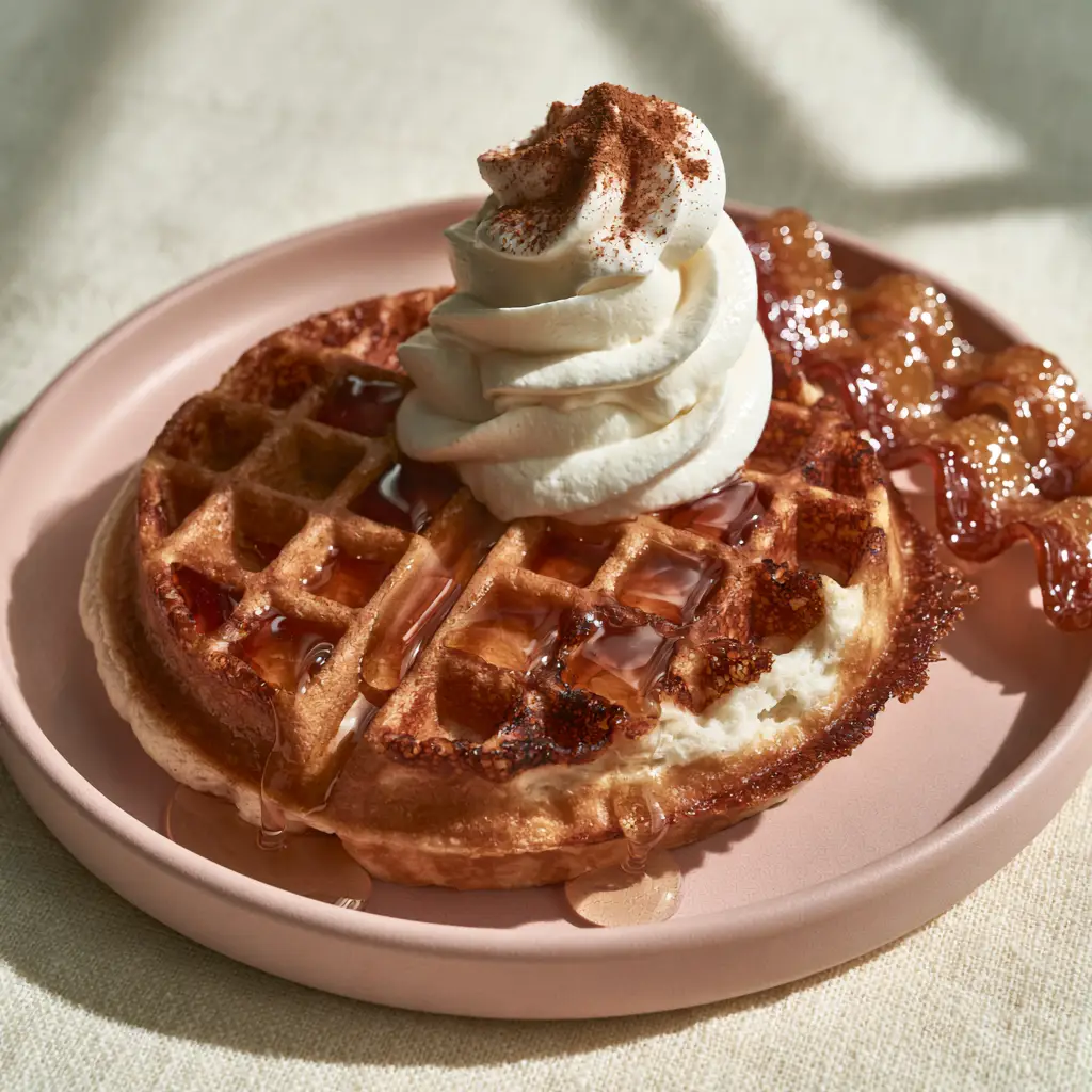 Kawaii Waffles Clipart: The Ultimate Aesthetic Belgian Waffle Recipe 2 A golden-brown Belgian waffle with deep pockets and a whipped cream swirl on a pink plate. (kawaii waffles clipart)