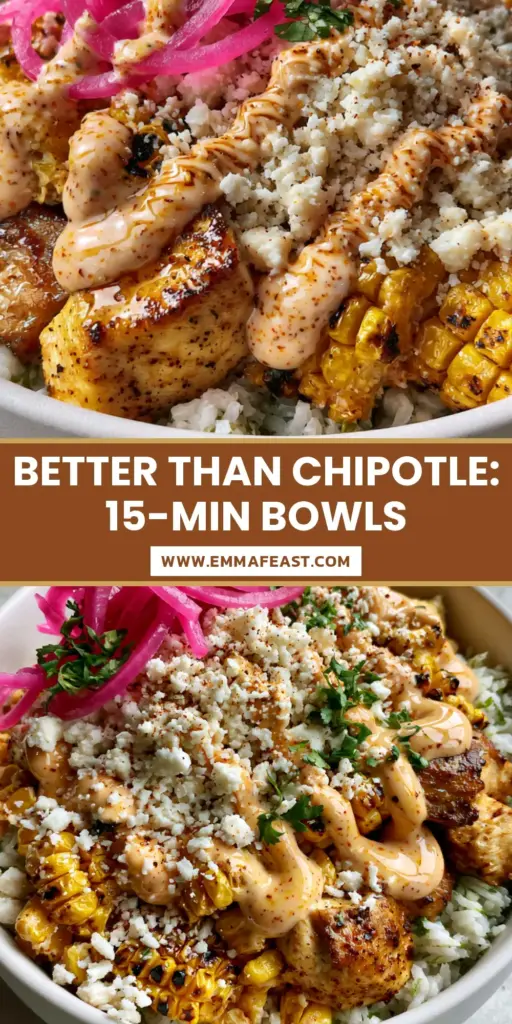A high-angle smartphone photo of a Street Corn Chicken Bowl featuring charred corn, golden chicken, and chili-lime crema.