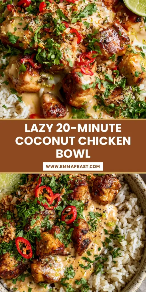 A top-down shot of a Coconut Chicken Rice Bowl featuring golden-seared chicken and glossy pale-orange sauce over fluffy jasmine rice.
