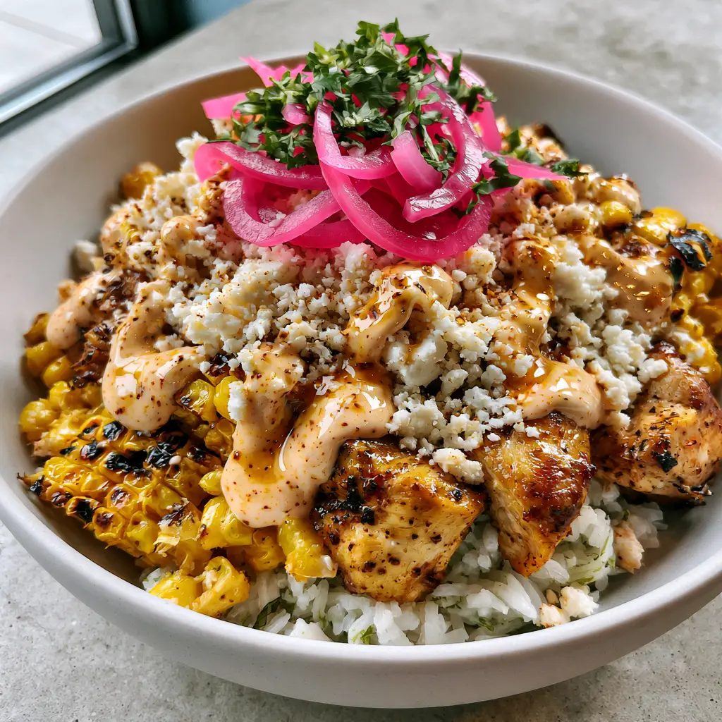 Street Corn Chicken Bowl topped with vibrant pink pickled red onions and a zig-zag of chili-lime crema.
