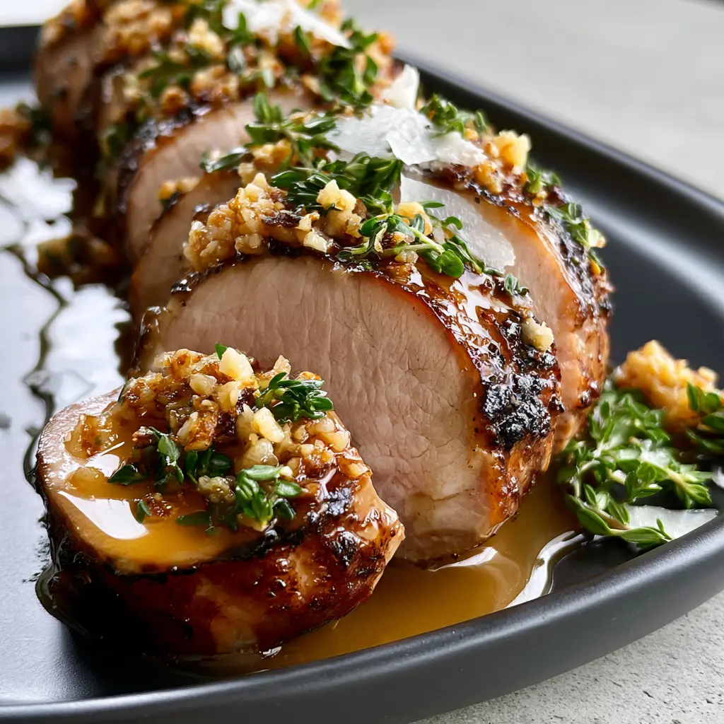 Top-down view of glazed pork tenderloin on a matte black stoneware platter showing the succulent pink center.
