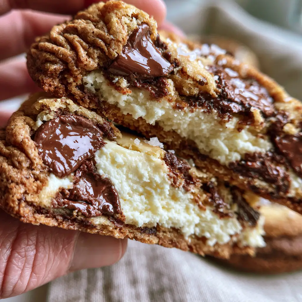 Top view of crinkly Cheesecake Stuffed Chocolate Chip Cookies with glistening chocolate chunks and sea salt.