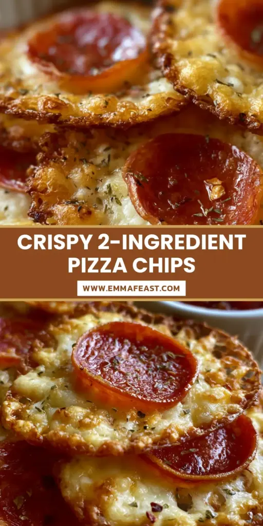 A vertical stack of crispy pizza chips with golden lacy edges and glistening pepperoni slices. (Pizza chips recipe)
