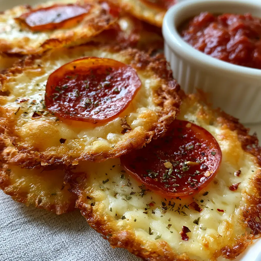 A stack of golden-brown pizza chips resting on a gray linen cloth with a side of chunky marinara. (Pizza chips recipe)
