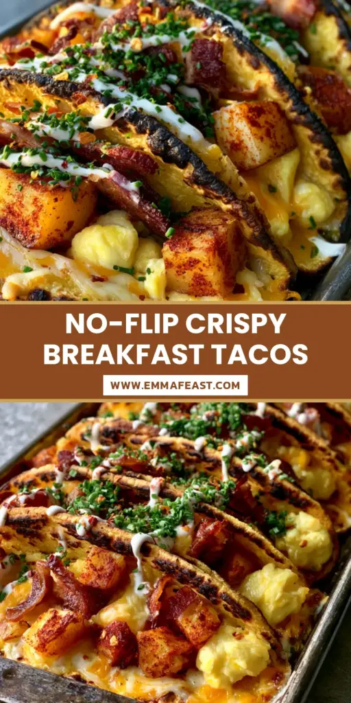 A vertical shot of standing Baked Breakfast Tacos on a rustic sheet pan with bubbling cheese and lime crema drizzle.