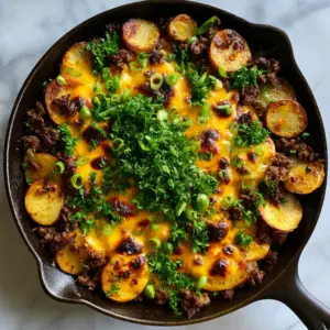 Overhead shot of a cast iron skillet with ground beef dinners, golden potato rounds, and bubbling cheese.
