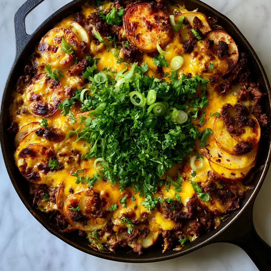 Close up of melted yellow cheddar cheese with charred spots over ground beef and potatoes.