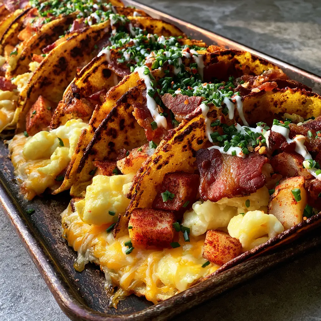 A row of eight Baked Breakfast Tacos standing upright on a dark metallic sheet pan with stretchy cheese and bacon shards.