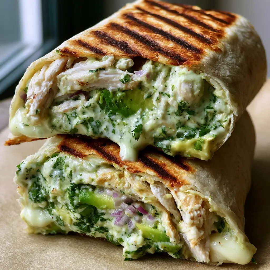A handheld smartphone photo of chicken avocado ranch burritos with perfect dark brown sear marks and a zesty sauce drip.