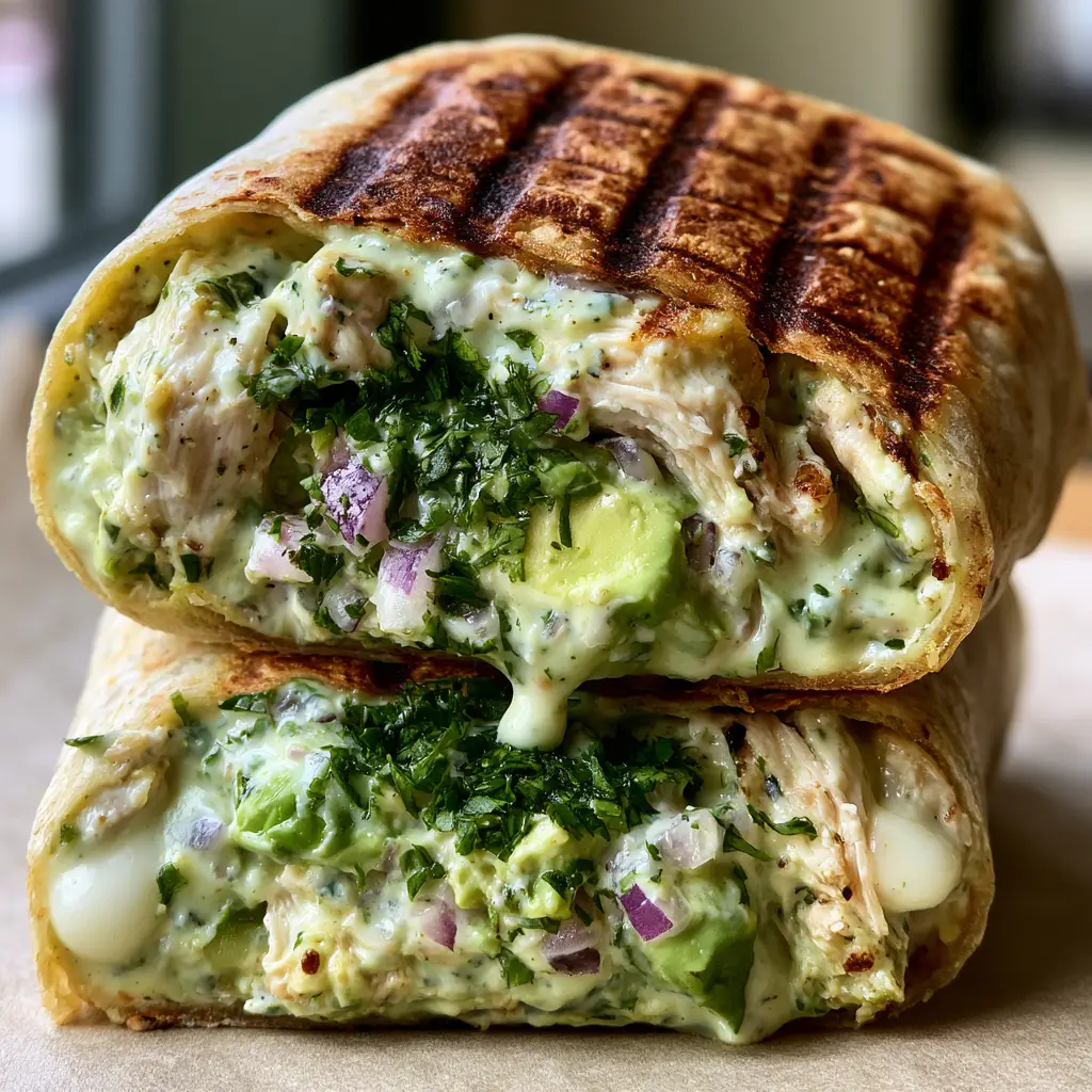 Cross-section reveal of chicken avocado ranch burritos showing layers of avocado chunks, red onion, and bubbling cheese.