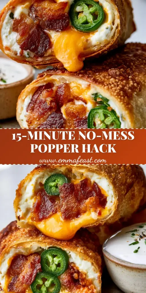 A stack of crispy, golden-brown Jalapeno Popper Egg Rolls showing a cross-section of melted cheese, bacon, and jalapenos.