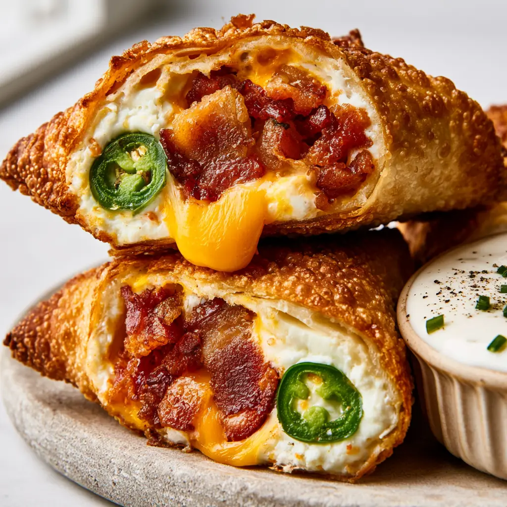 Extreme close-up of Jalapeno Popper Egg Rolls showing tiny micro-bubbles on the golden-brown wrapper and a molten cheese center.