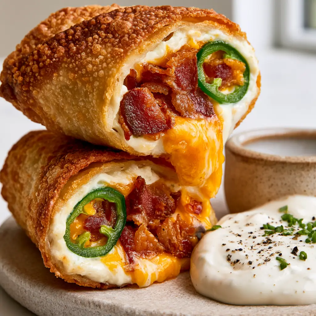 Cross-section of an egg roll revealing orange cheddar, white cream cheese, crispy bacon chunks, and bright green jalapenos.