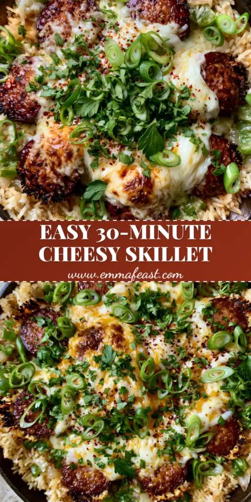 Smoked Sausage and Rice: The Ultimate One-Skillet Cheesy Comfort Meal 3 A top-down shot of a cast iron skillet filled with cheesy smoked sausage and rice, topped with melted cheddar and fresh herbs.