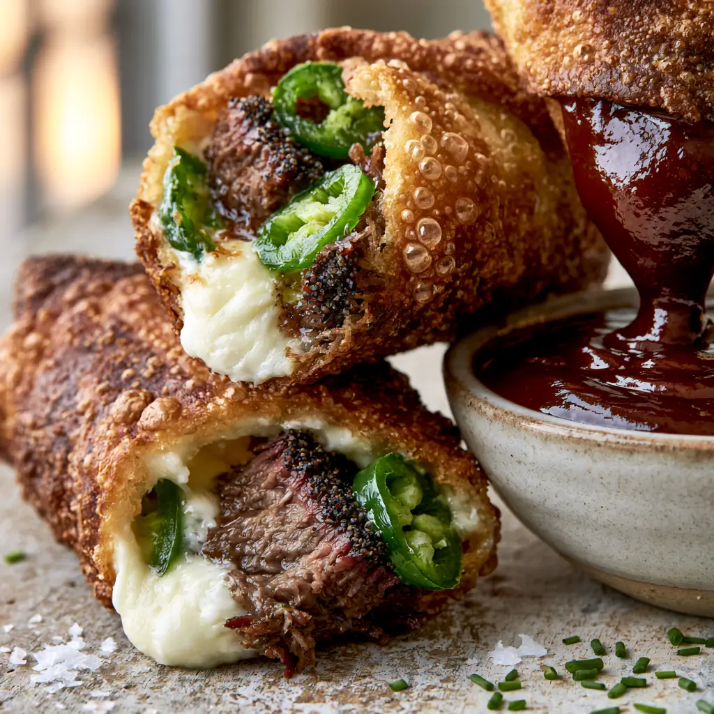 Extreme close-up cross-section of Texas Twinkies Egg Rolls showing molten cream cheese and brisket bark.