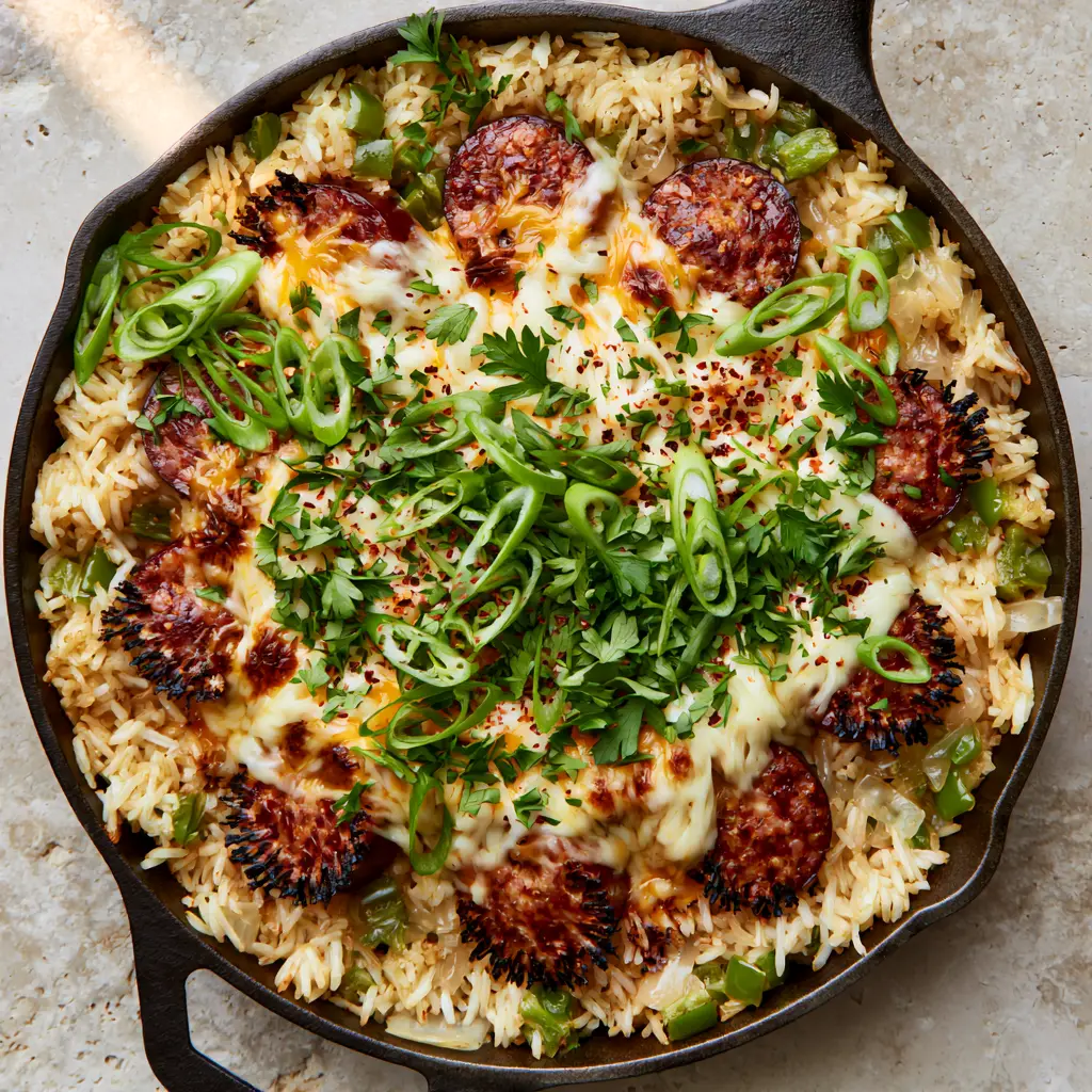 Close-up macro of mahogany seared smoked sausage rounds nestled in fluffy golden rice with melted monterey jack cheese. (smoked sausage and rice)