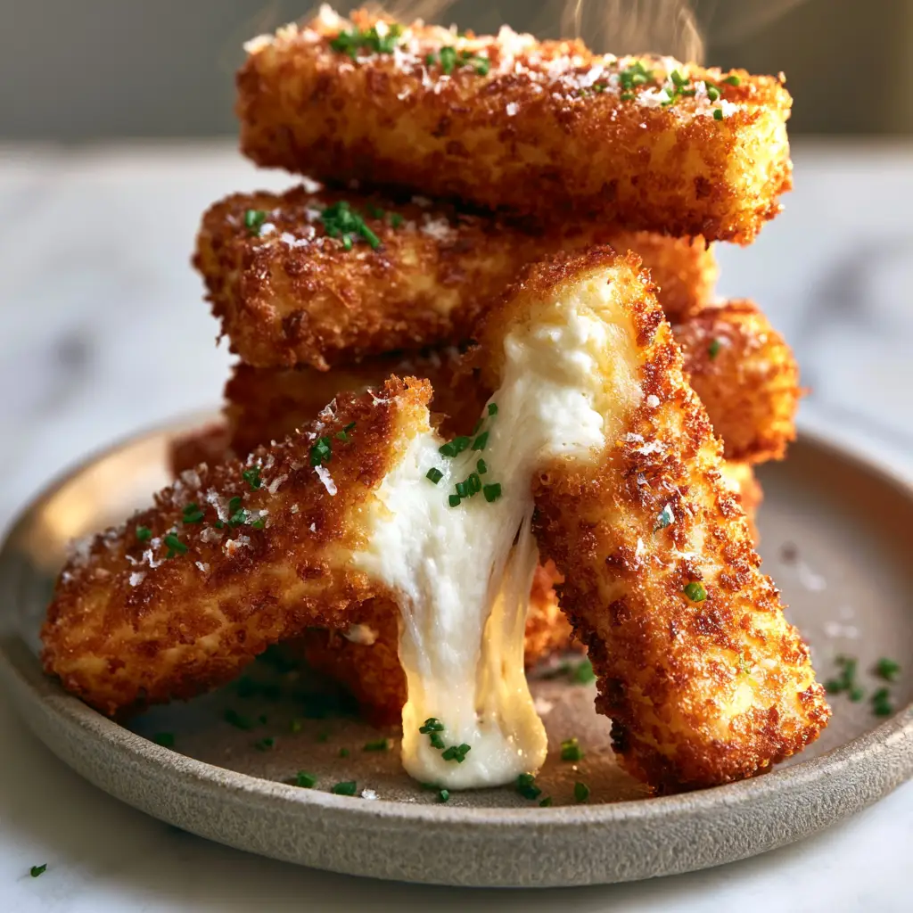 Close-up of golden-brown Cottage Cheese Sticks showing a textured parmesan crust and a molten white cheese center with steam.