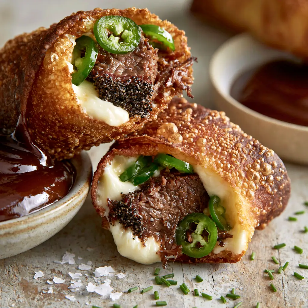 A stack of shatteringly crispy Texas Twinkies Egg Rolls with visible golden bubbles on the wrapper.