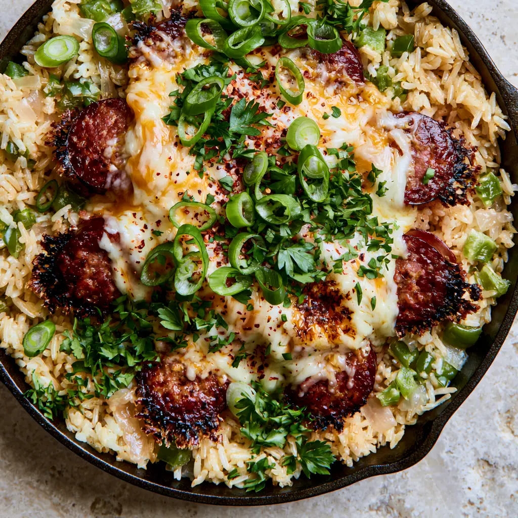 Smoked Sausage and Rice: The Ultimate One-Skillet Cheesy Comfort Meal 1 Top-down view of a rustic black skillet featuring smoked sausage and rice garnished with scallions and red pepper flakes.