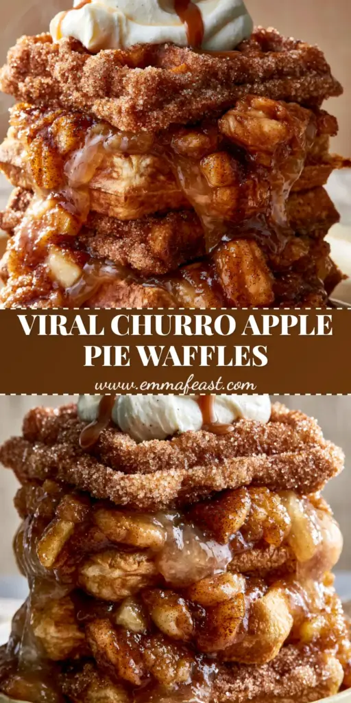 Churro Apple Pie Waffles: The Ultimate Decadent Brunch Mashup 4 A decadent stack of three churro apple pie waffles topped with melting whipped cream and salted caramel.