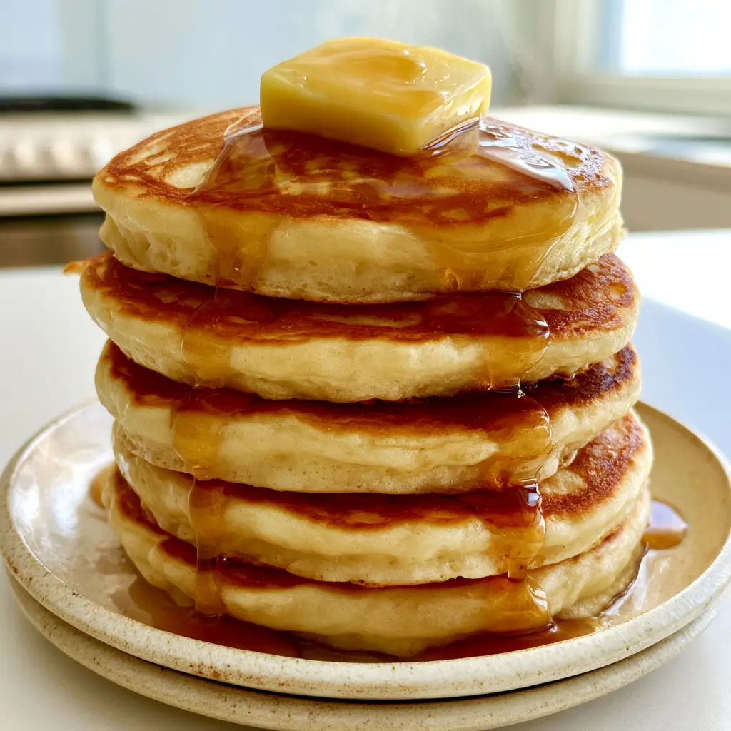 Homemade Pancakes: The Ultimate Fluffy Diner-Style Recipe 2 Close-up of exceptionally thick diner-style homemade pancakes with a lace-patterned sear and aerated edges.
