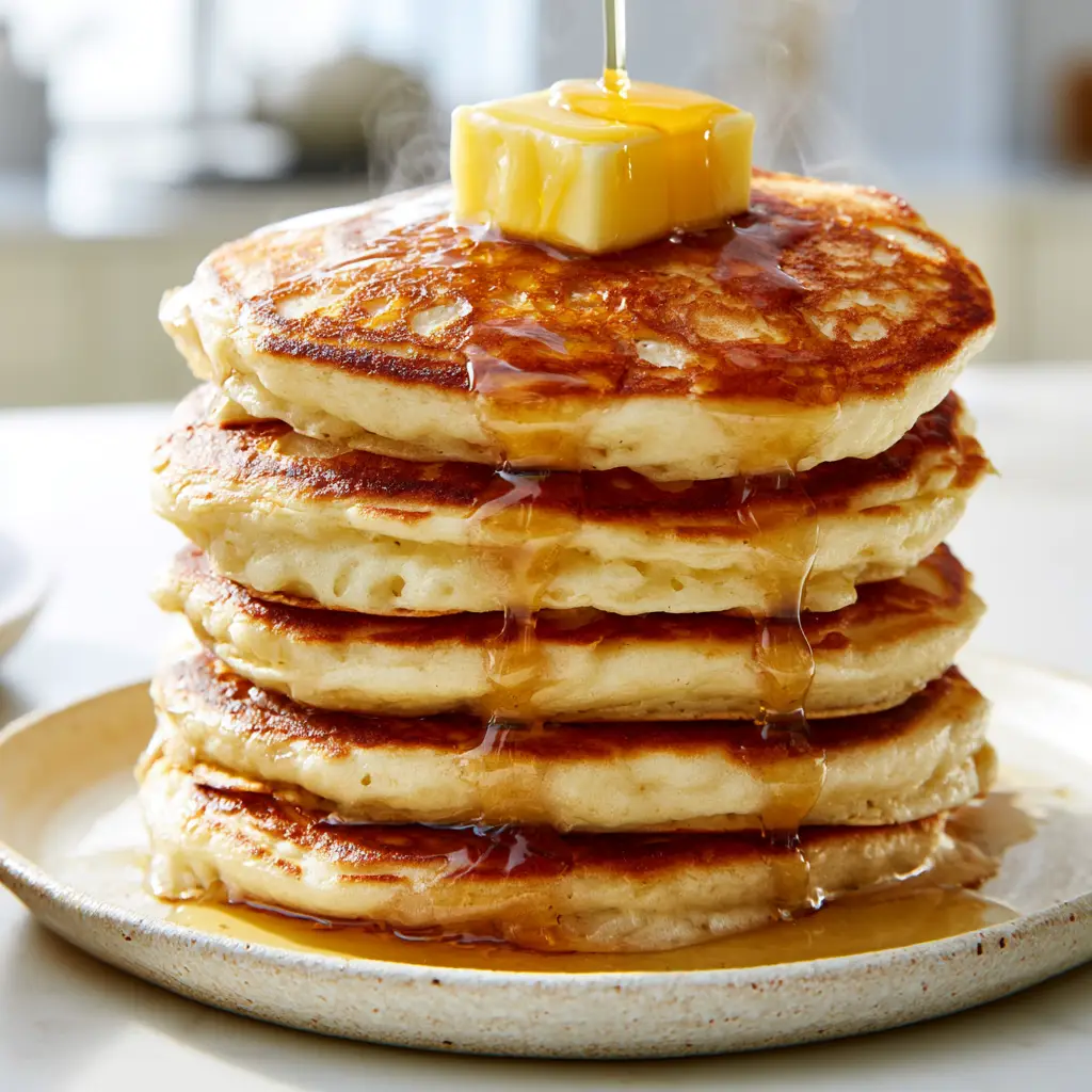 Homemade Pancakes: The Ultimate Fluffy Diner-Style Recipe 1 Translucent amber maple syrup cascading down the sides of a five-stack of homemade pancakes under natural morning light.