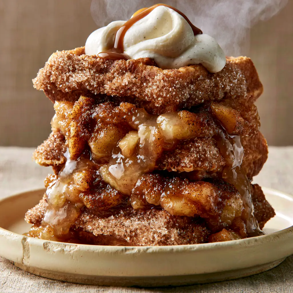 Close up of shimmering cinnamon sugar crystals on deep golden churro apple pie waffles.
