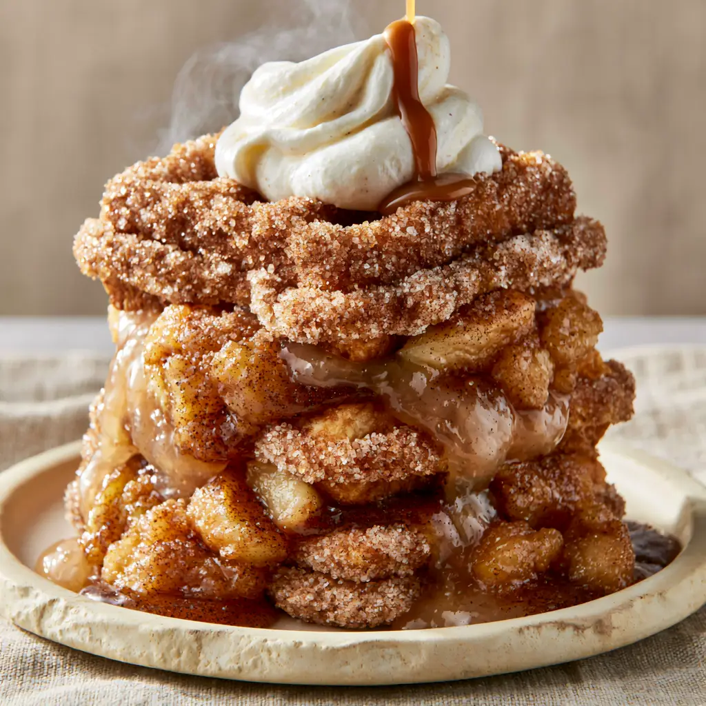 Churro Apple Pie Waffles: The Ultimate Decadent Brunch Mashup 1 Three thick Belgian waffles stacked with translucent apple slices and amber glaze cascading down the sides.