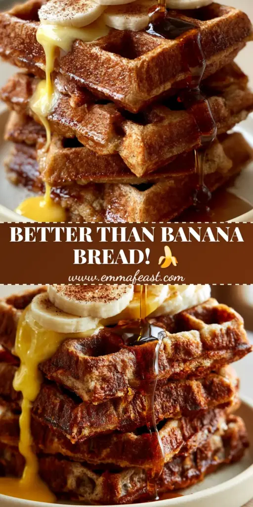 Banana Bread Waffles: The Ultimate Crispy Belgian Stack with Salted Butter and Walnuts 4 A tall stack of four thick Belgian-style banana bread waffles topped with melting grass-fed salted butter, maple syrup, and walnuts.