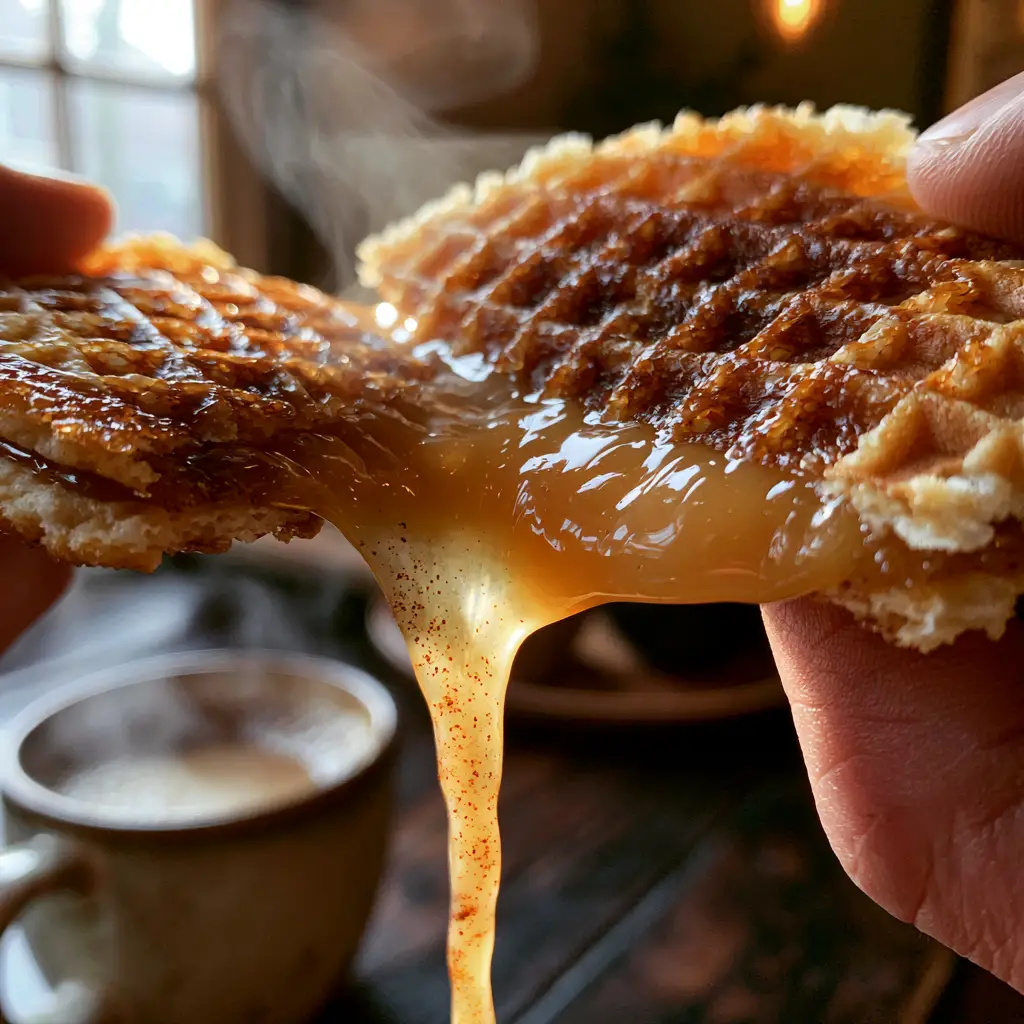 Macro photo of a toasted golden-brown stroopwafel with steam vapors and molten syrup. (Stroopwafels recipe)