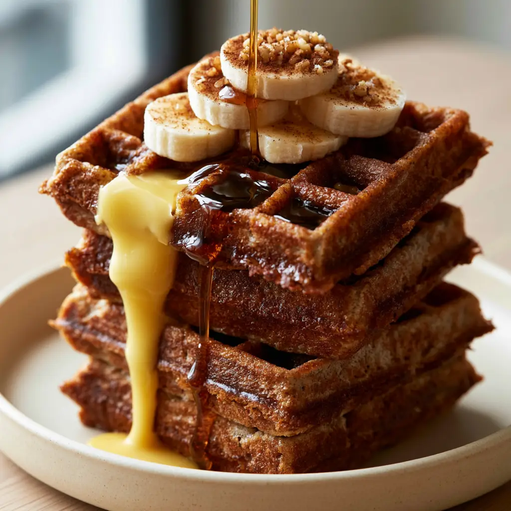 Close up of banana bread waffles showing crispy jagged edges and a soft steamy interior on a cream plate.
