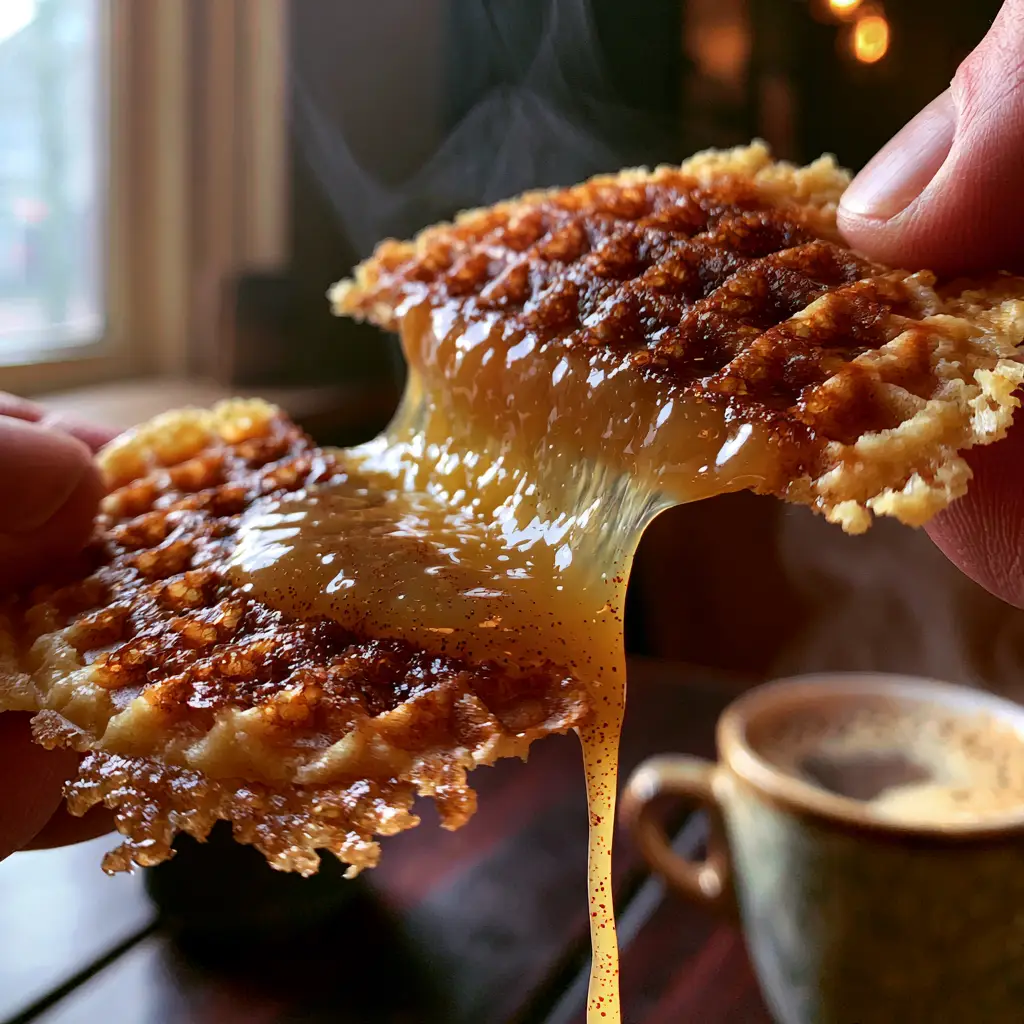 Stroopwafels Recipe: How to Make Authentic Dutch Caramel Waffles at Home 1 A handheld photo of a stroopwafel being split, showing glistening caramel threads in a cozy coffee shop setting.