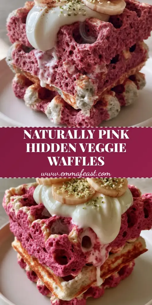 A tall stack of three Beet and banana waffles topped with Greek yogurt, banana slices, and hemp seeds on a matte plate.