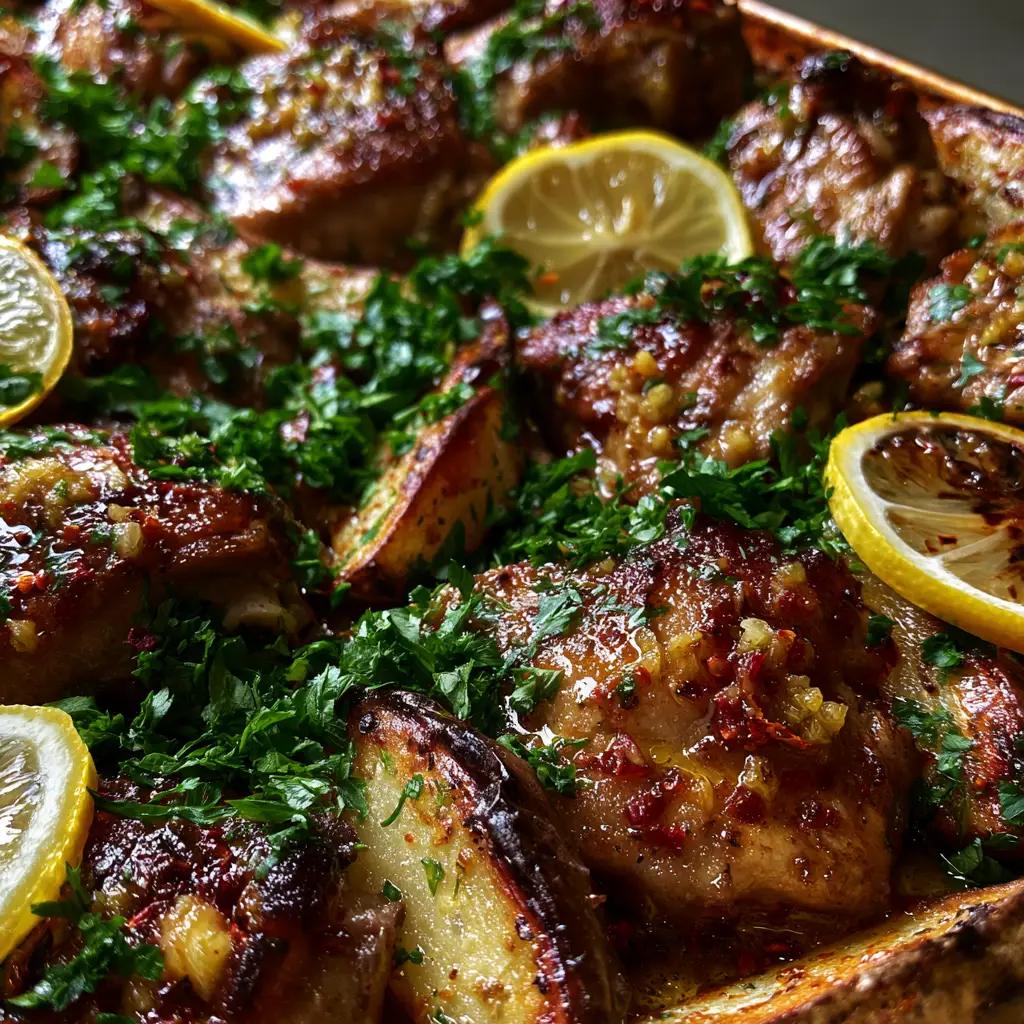 Overhead shot of roasted chicken and potatoes garnished with fresh parsley and lemon slices.