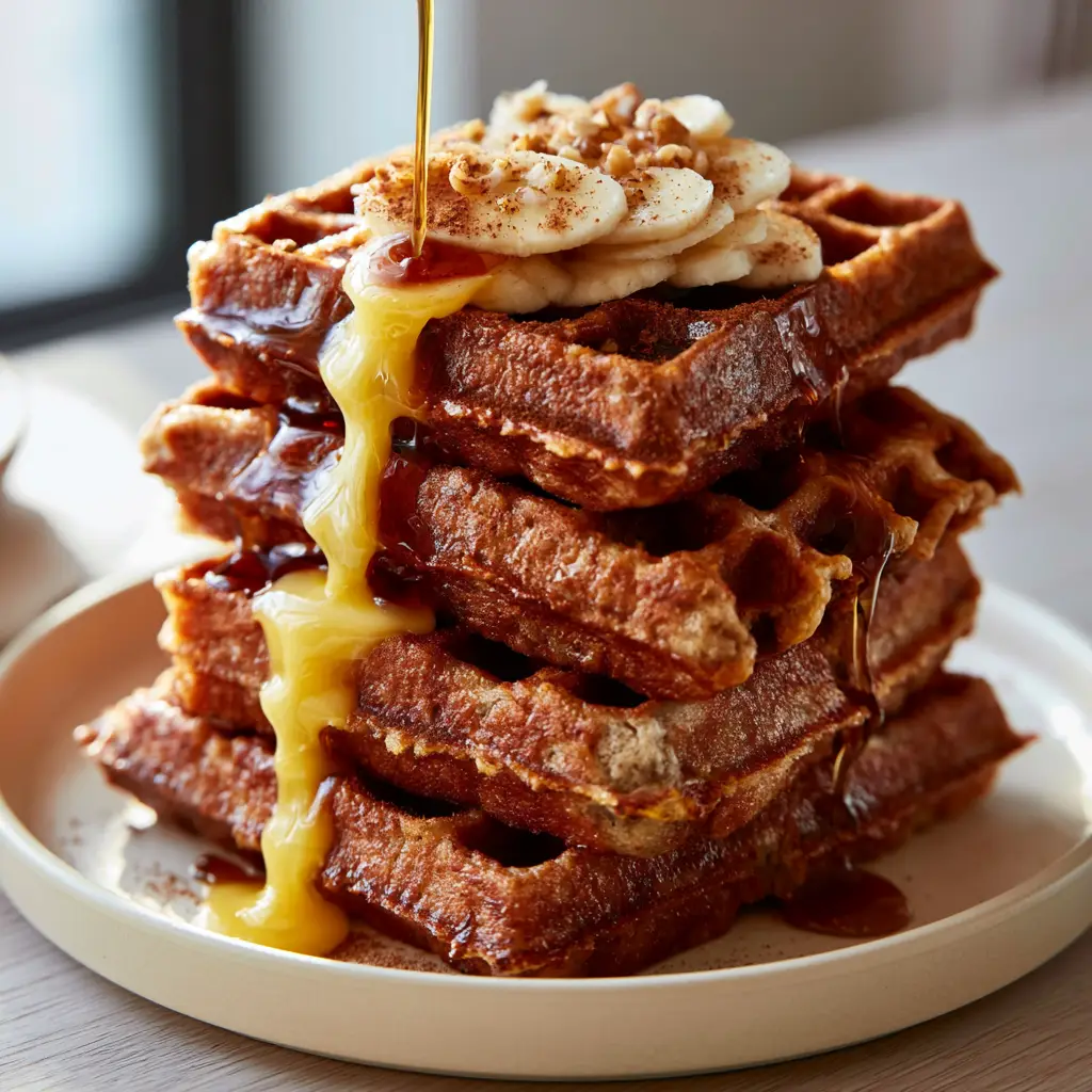 Banana Bread Waffles: The Ultimate Crispy Belgian Stack with Salted Butter and Walnuts 1 Overhead view of banana bread waffles with fresh banana slices, cinnamon dusting, and toasted walnuts.